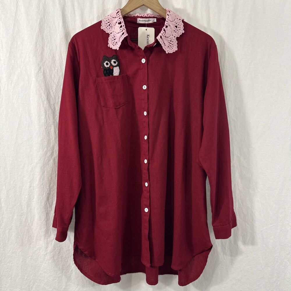 Kexin Happiness Embellished Owl Red Pink Lace Collar Button Up Shirt 4XL Cottage